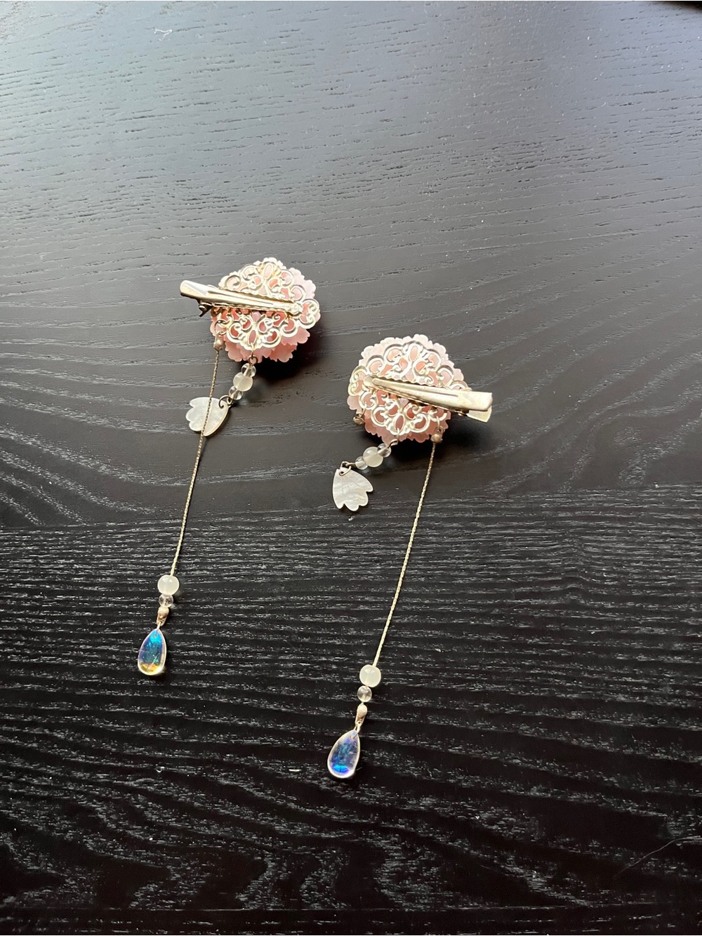 Pink Floral Tassel Hair Clips with Pearl and Teardrop Charms 2pc Set - Picture 9 of 15